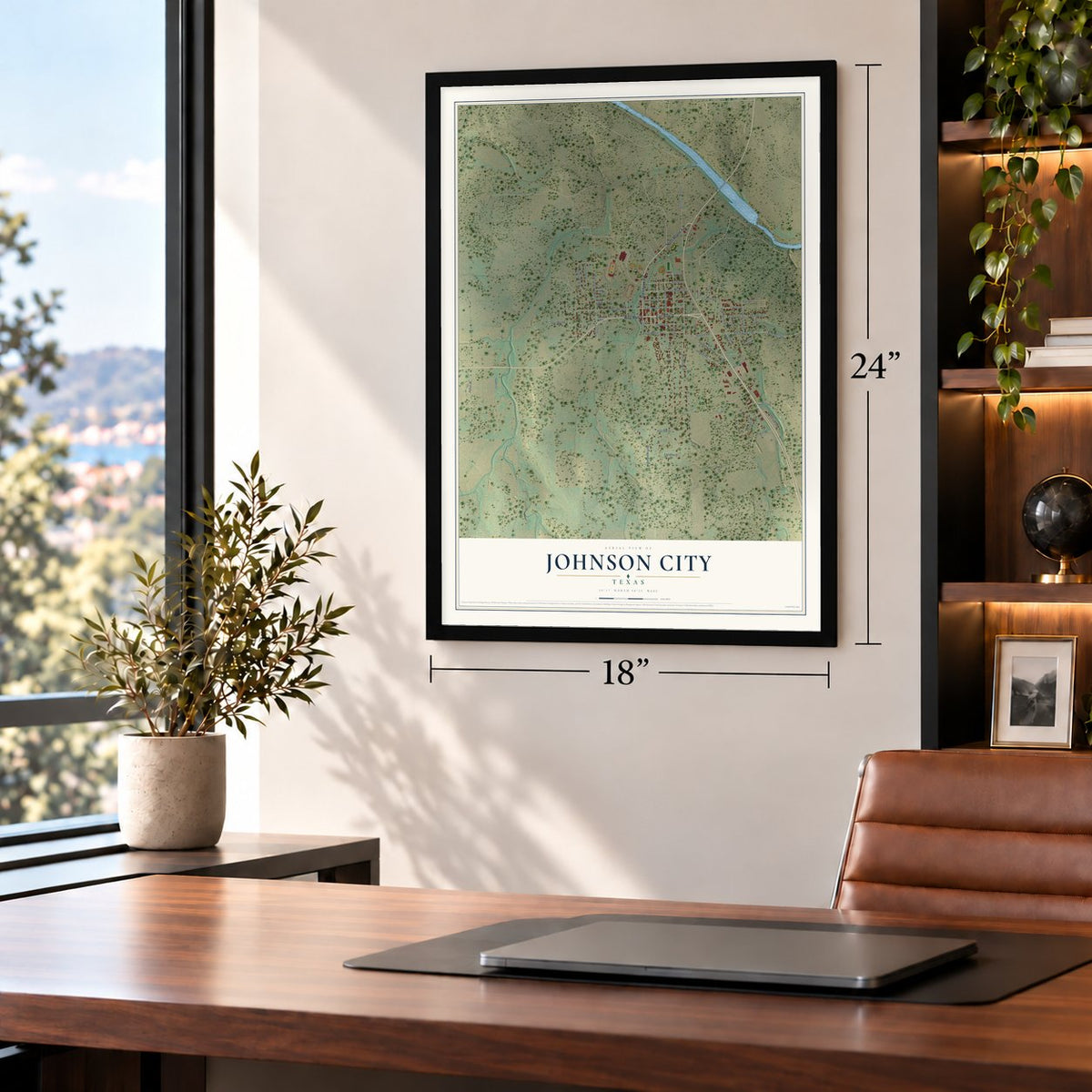 Johnson City, Texas map, 18 x 24 inch print in a black frame in a home office