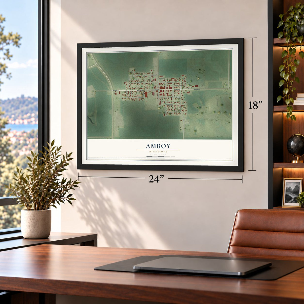 Amboy, Minnesota map, 18 x 24 inch print in a black frame in a home office