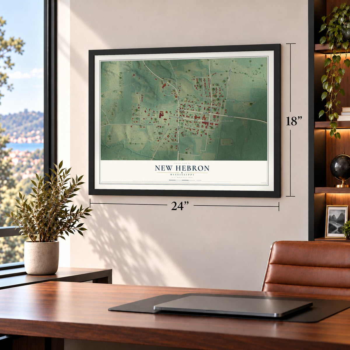 New Hebron, Mississippi map, 18 x 24 inch print in a black frame in a home office