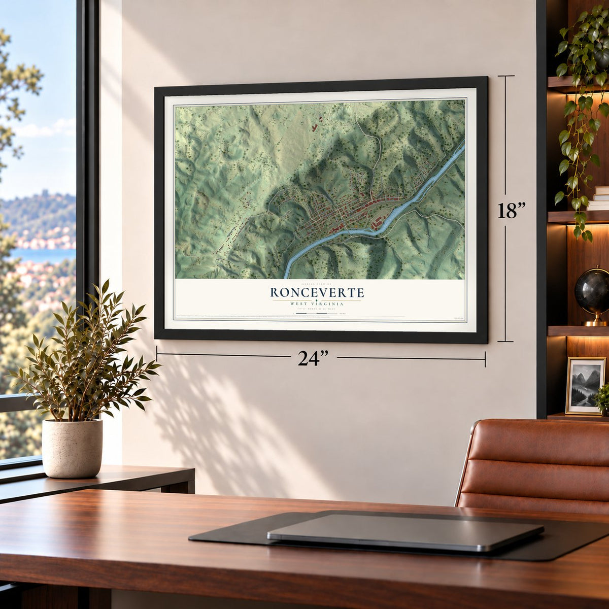 Ronceverte, West Virginia map, 18 x 24 inch print in a black frame in a home office