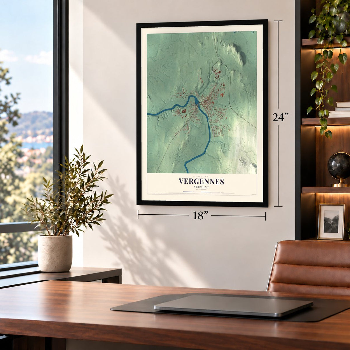 Vergennes, Vermont map, 18 x 24 inch print in a black frame in a home office