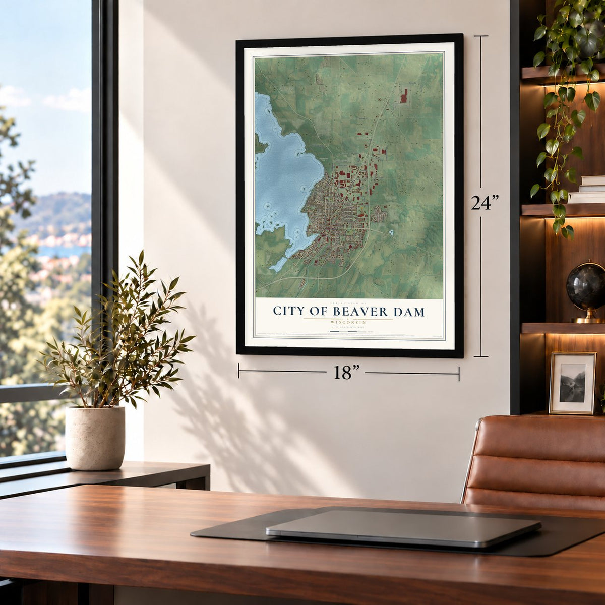Beaver Dam, Wisconsin map, 18 x 24 inch print in a black frame in a home office