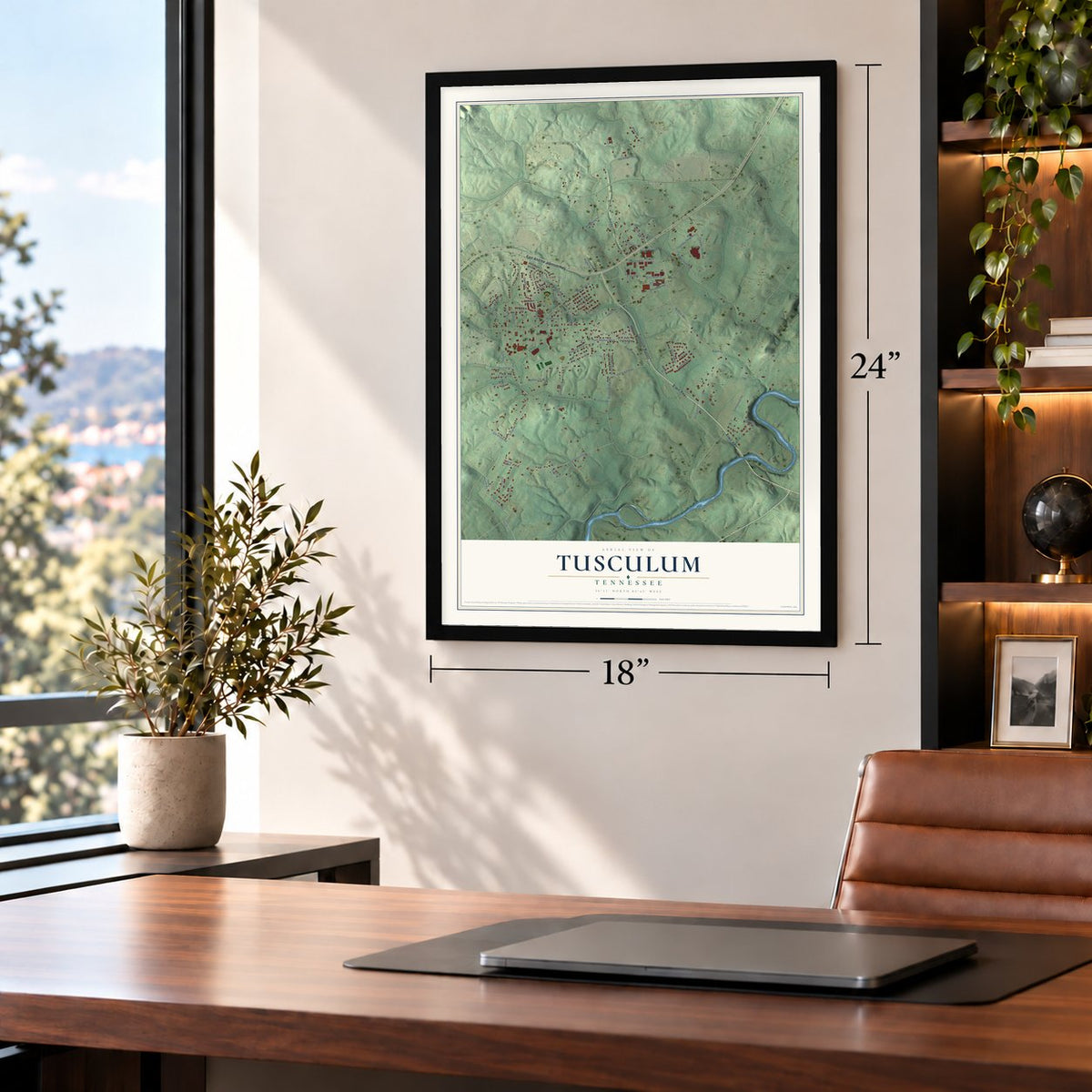 Tusculum, Tennessee map, 18 x 24 inch print in a black frame in a home office