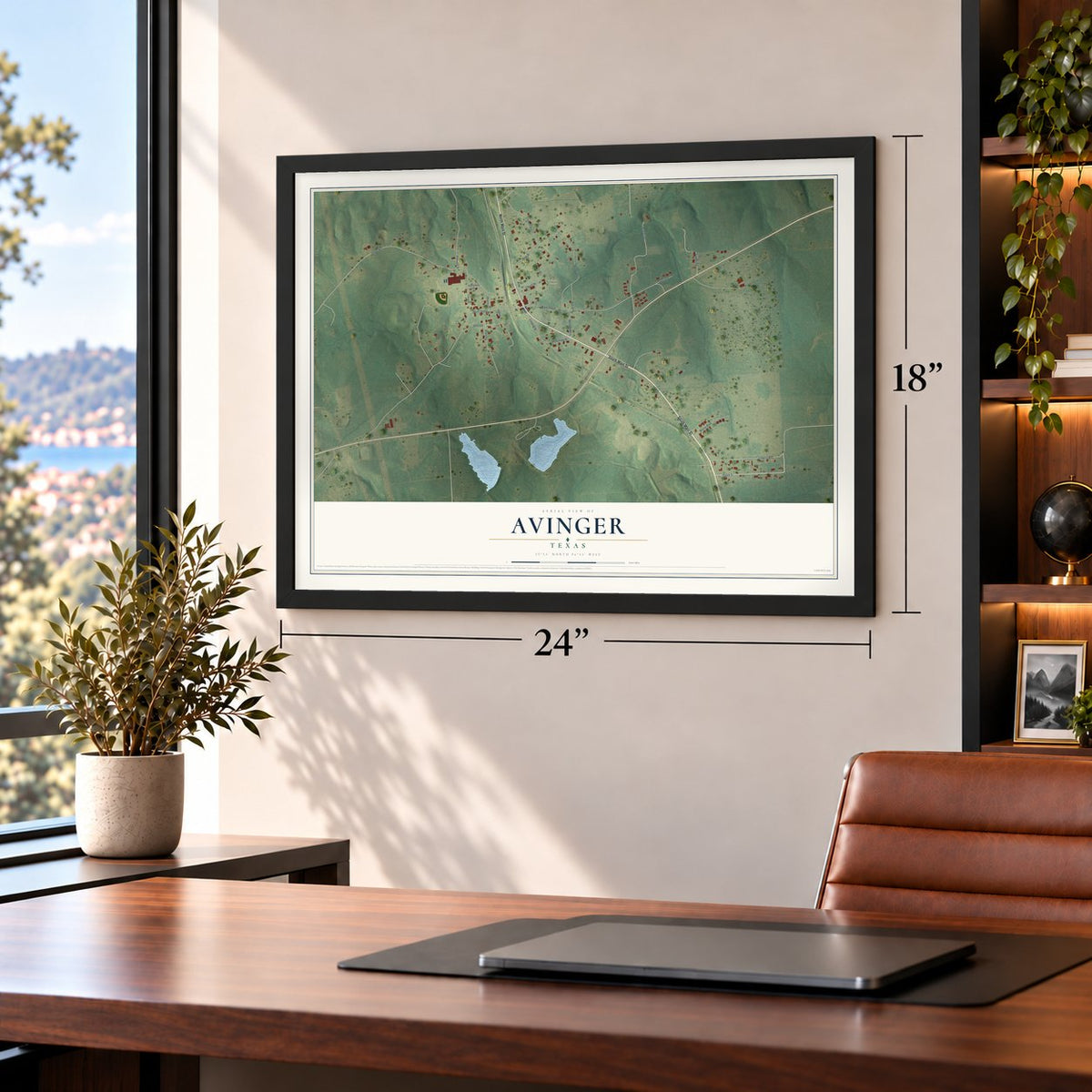 Avinger, Texas map, 18 x 24 inch print in a black frame in a home office