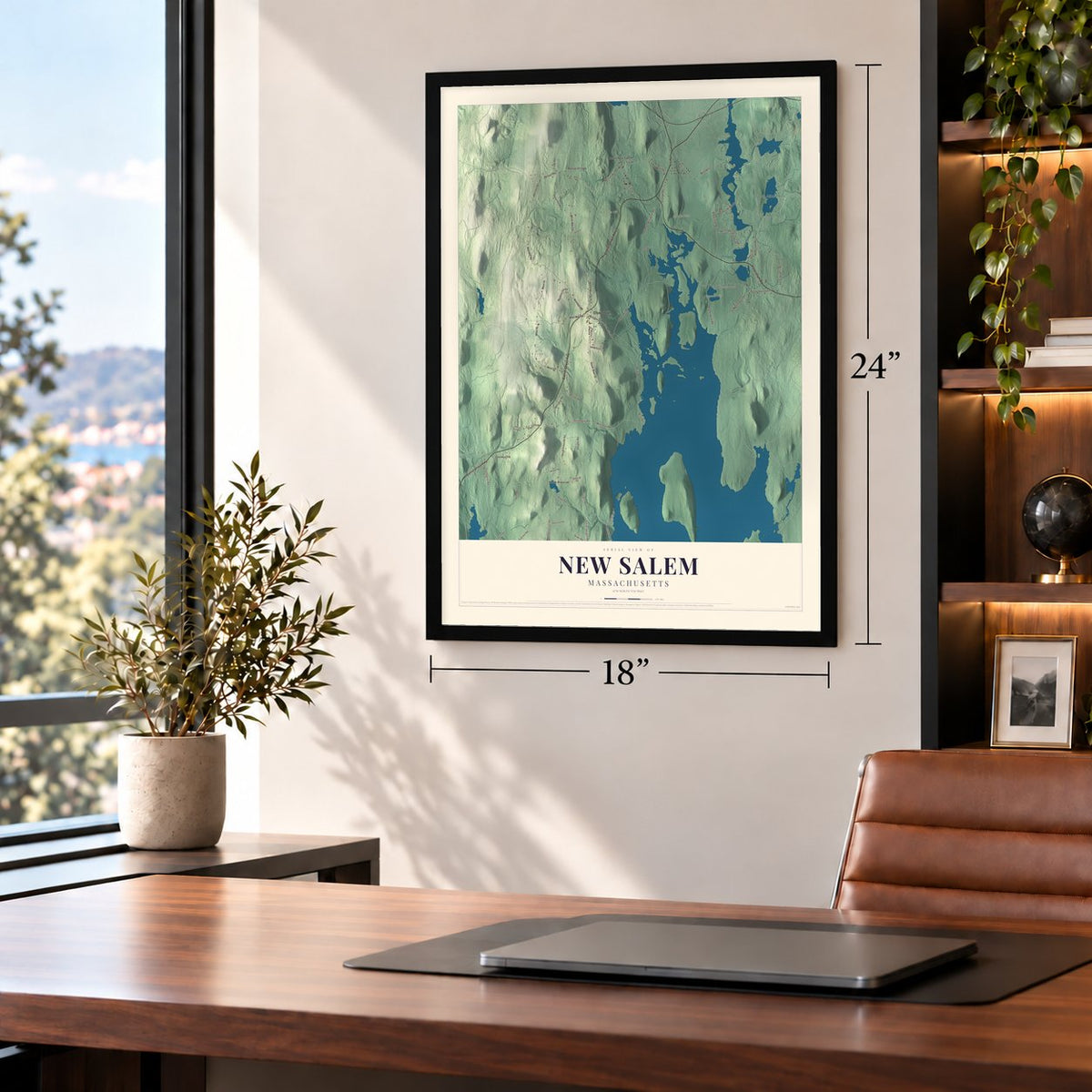 New Salem, Massachusetts map, 18 x 24 inch print in a black frame in a home office