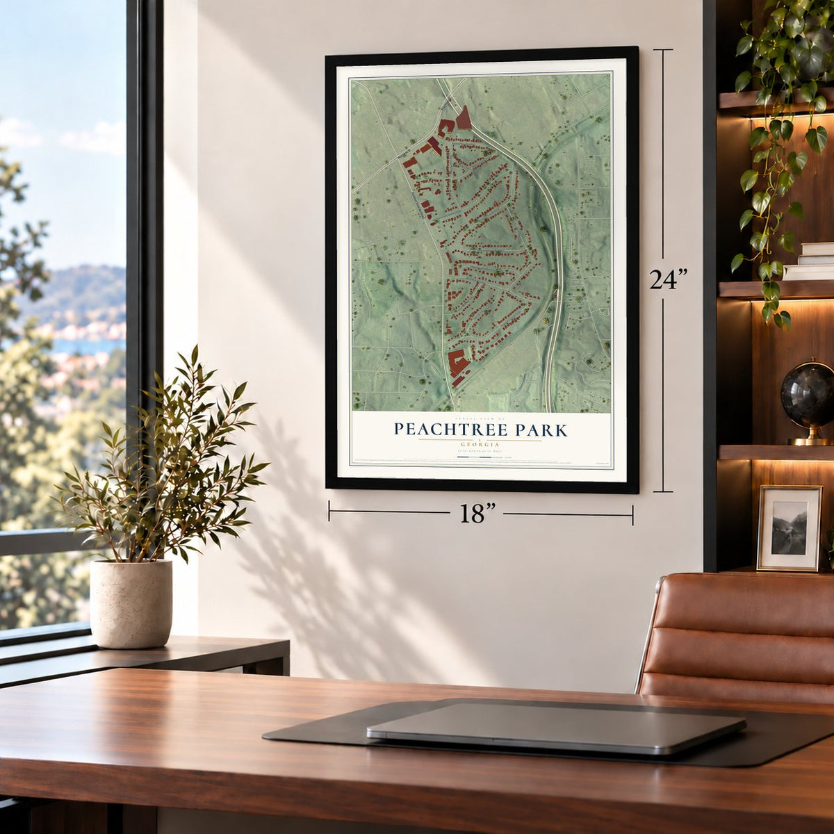 Peachtree Park, Georgia map, 18 x 24 inch print in a black frame in a home office
