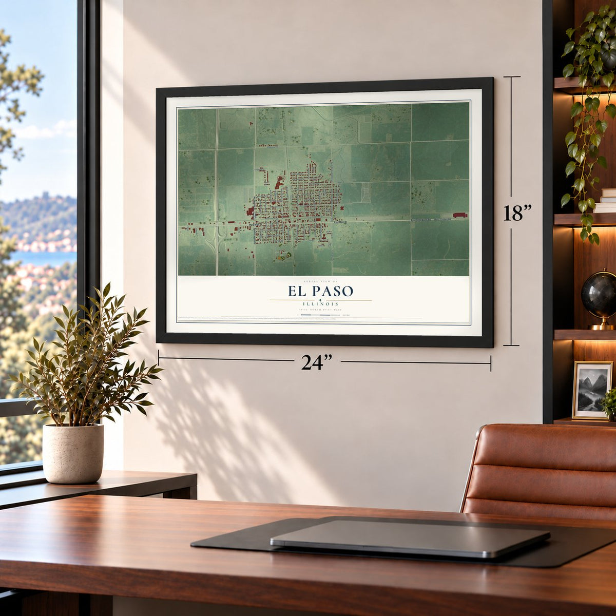 El Paso, Illinois map, 18 x 24 inch print in a black frame in a home office
