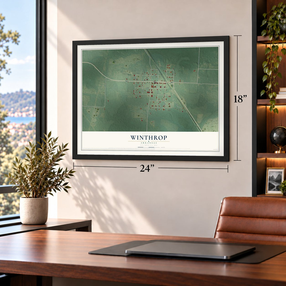Winthrop, Arkansas map, 18 x 24 inch print in a black frame in a home office