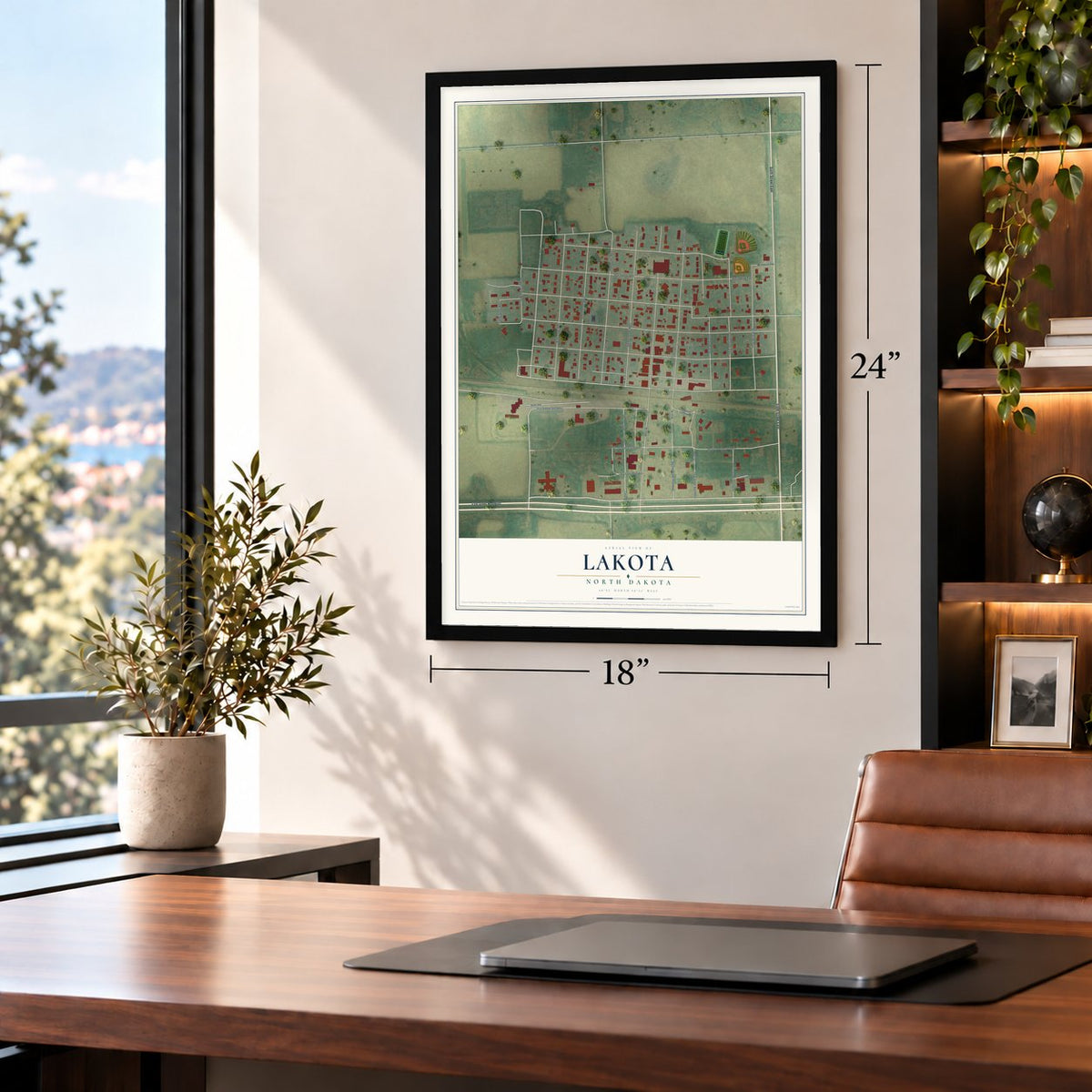 Lakota, North Dakota map, 18 x 24 inch print in a black frame in a home office