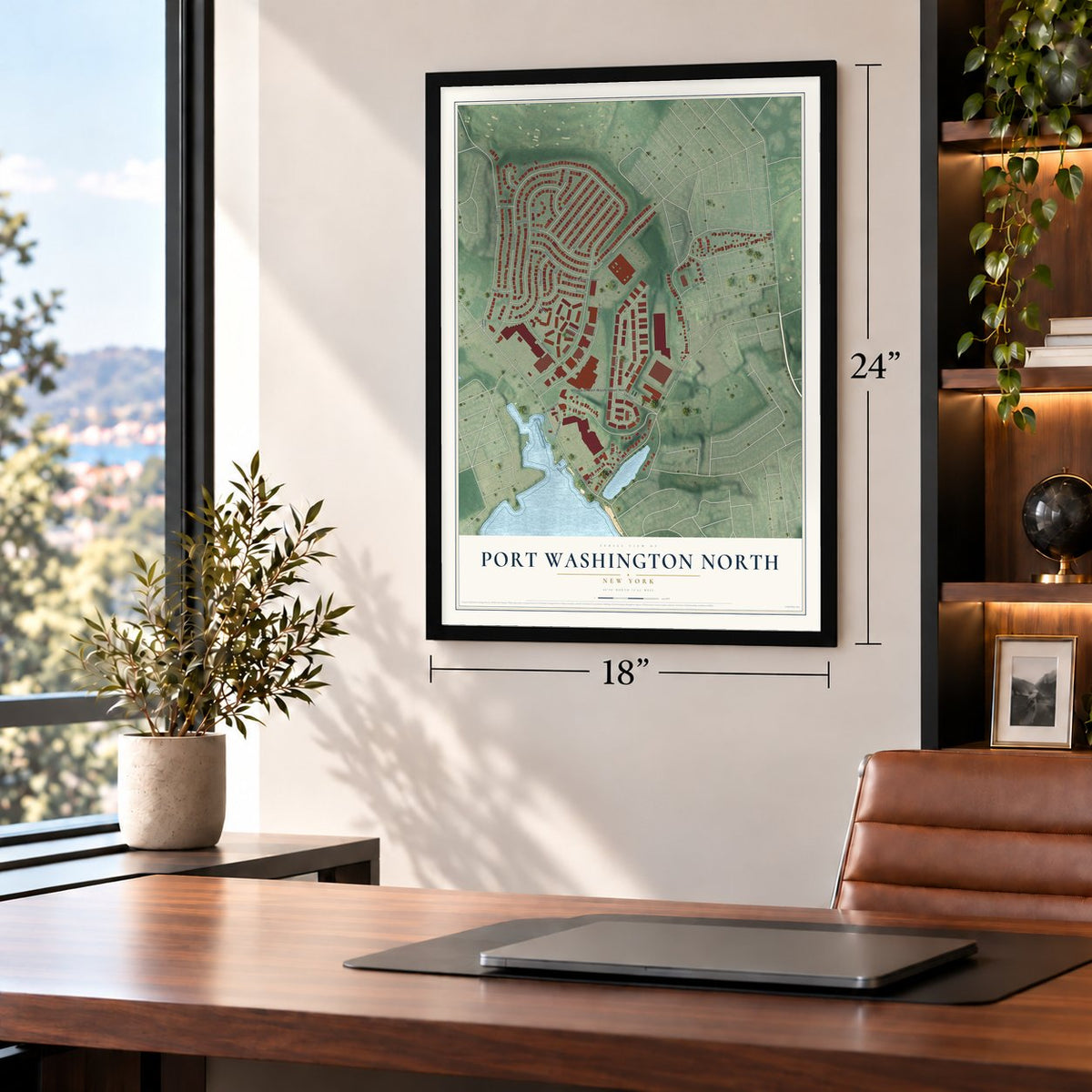 Port Washington North, New York map, 18 x 24 inch print in a black frame in a home office