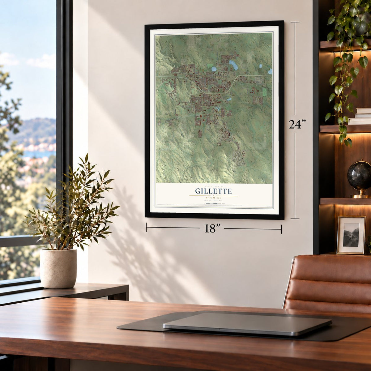 Gillette, Wyoming map, 18 x 24 inch print in a black frame in a home office