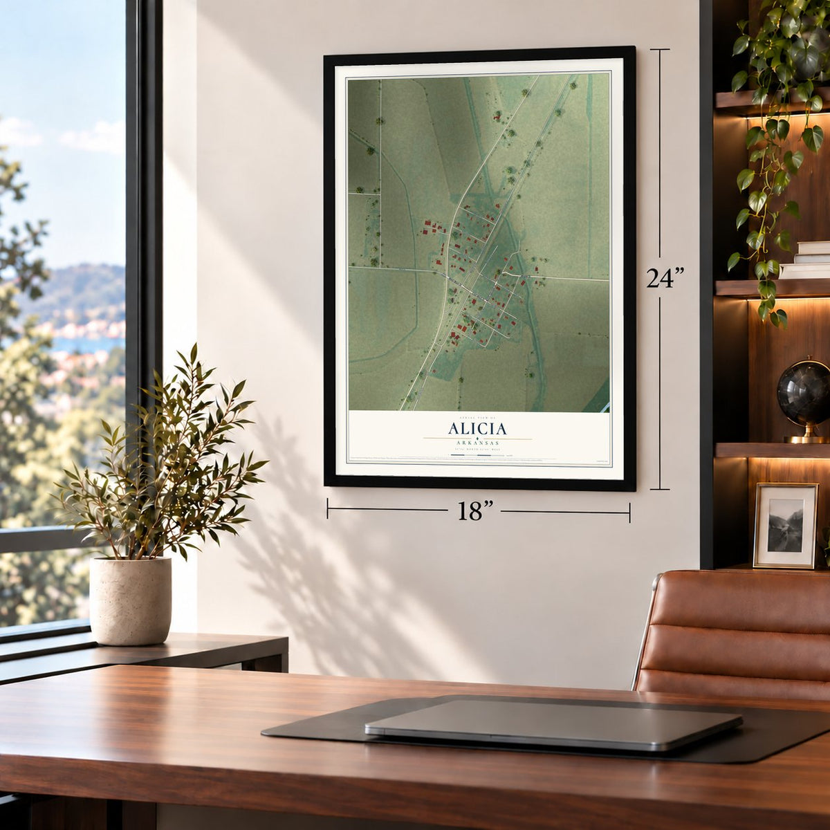 Alicia, Arkansas map, 18 x 24 inch print in a black frame in a home office