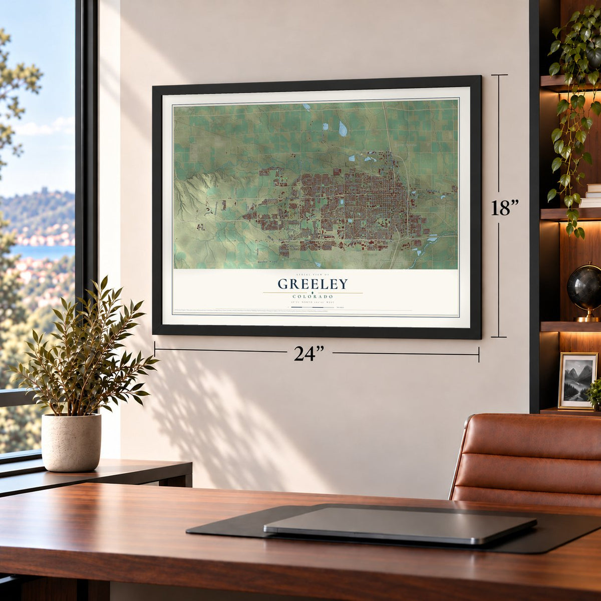 Greeley, Colorado map, 18 x 24 inch print in a black frame in a home office