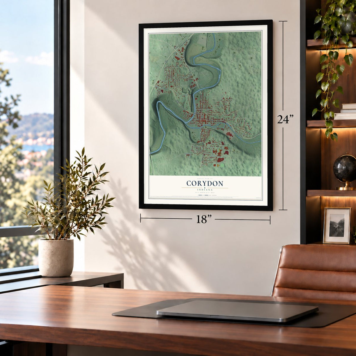 Corydon, Indiana map, 18 x 24 inch print in a black frame in a home office