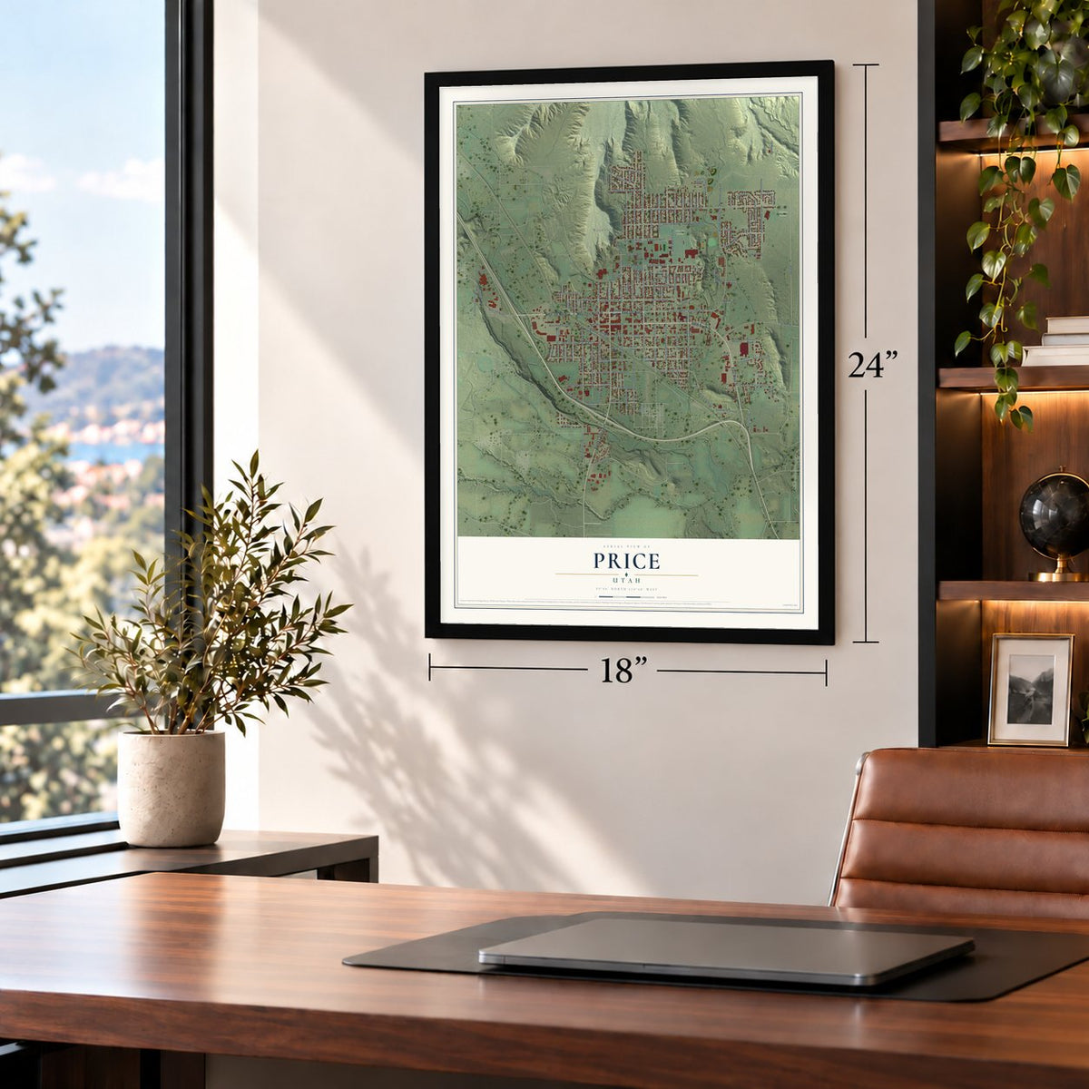 Price, Utah map, 18 x 24 inch print in a black frame in a home office