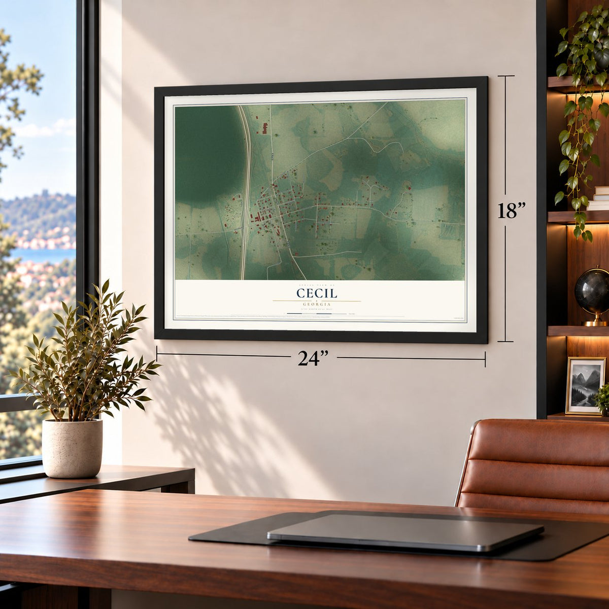 Cecil, Georgia map, 18 x 24 inch print in a black frame in a home office