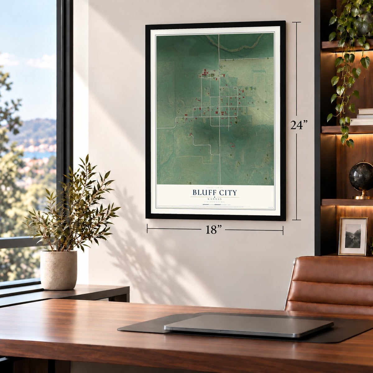 Bluff City, Kansas map, 18 x 24 inch print in a black frame in a home office