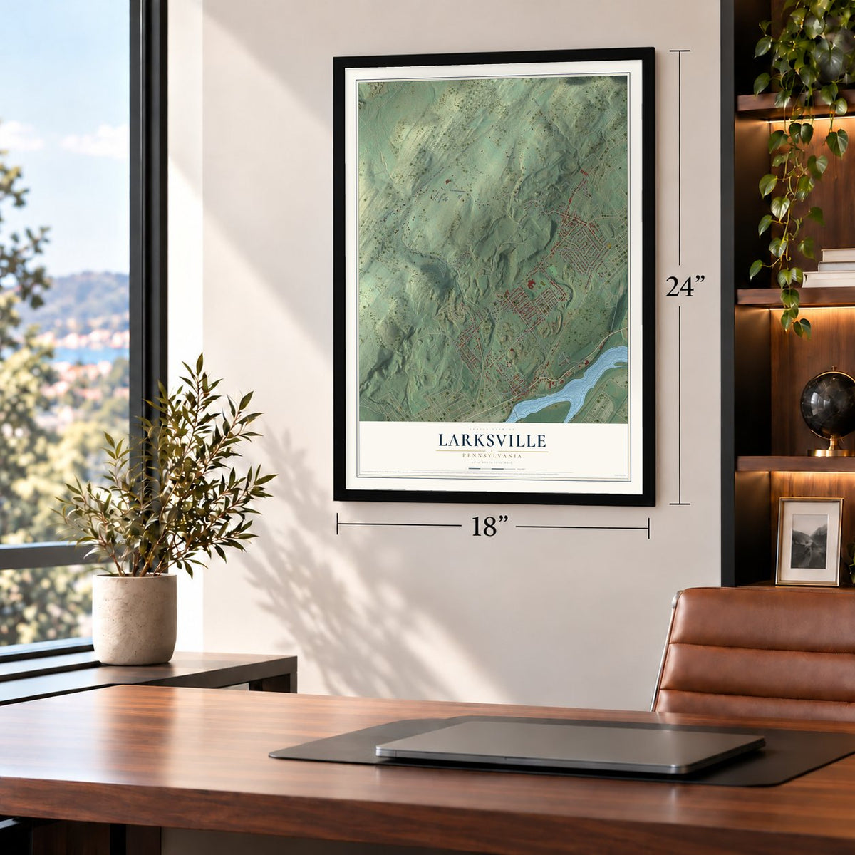 Larksville, Pennsylvania map, 18 x 24 inch print in a black frame in a home office
