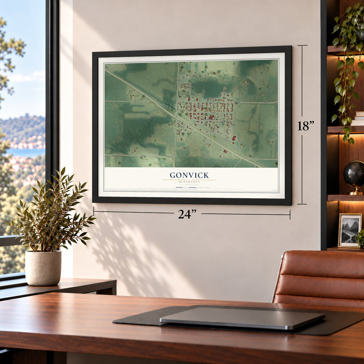 Gonvick, Minnesota map, 18 x 24 inch print in a black frame in a home office