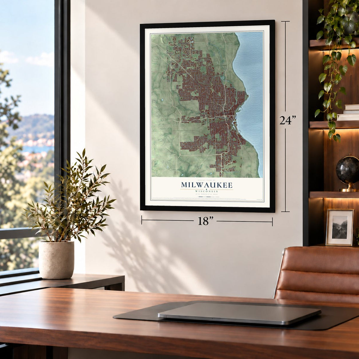 Milwaukee, Wisconsin map, 18 x 24 inch print in a black frame in a home office