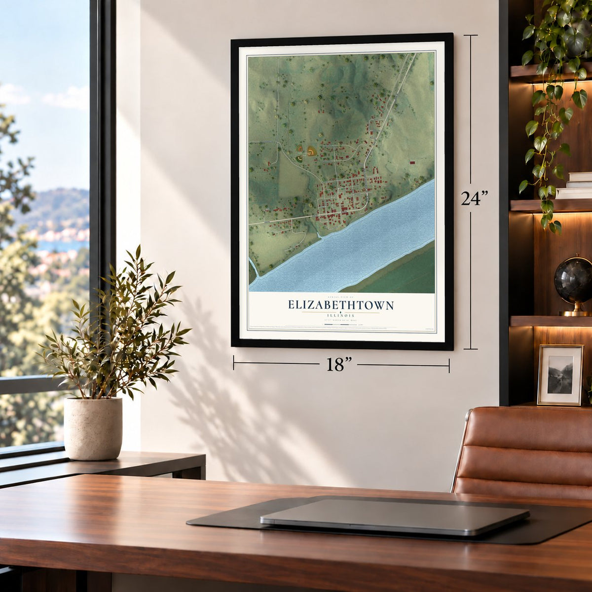 Elizabethtown, Illinois map, 18 x 24 inch print in a black frame in a home office