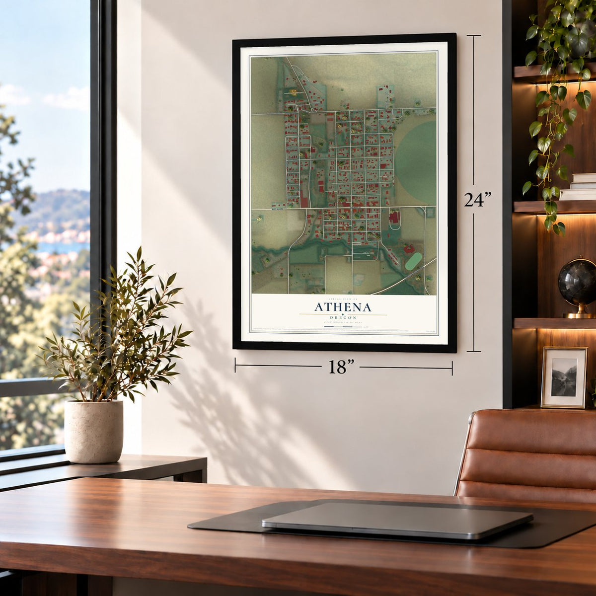 Athena, Oregon map, 18 x 24 inch print in a black frame in a home office