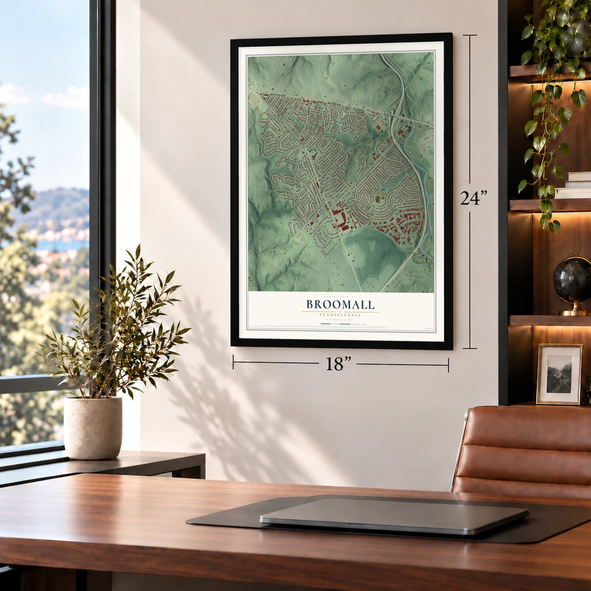 Broomall, Pennsylvania map, 18 x 24 inch print in a black frame in a home office