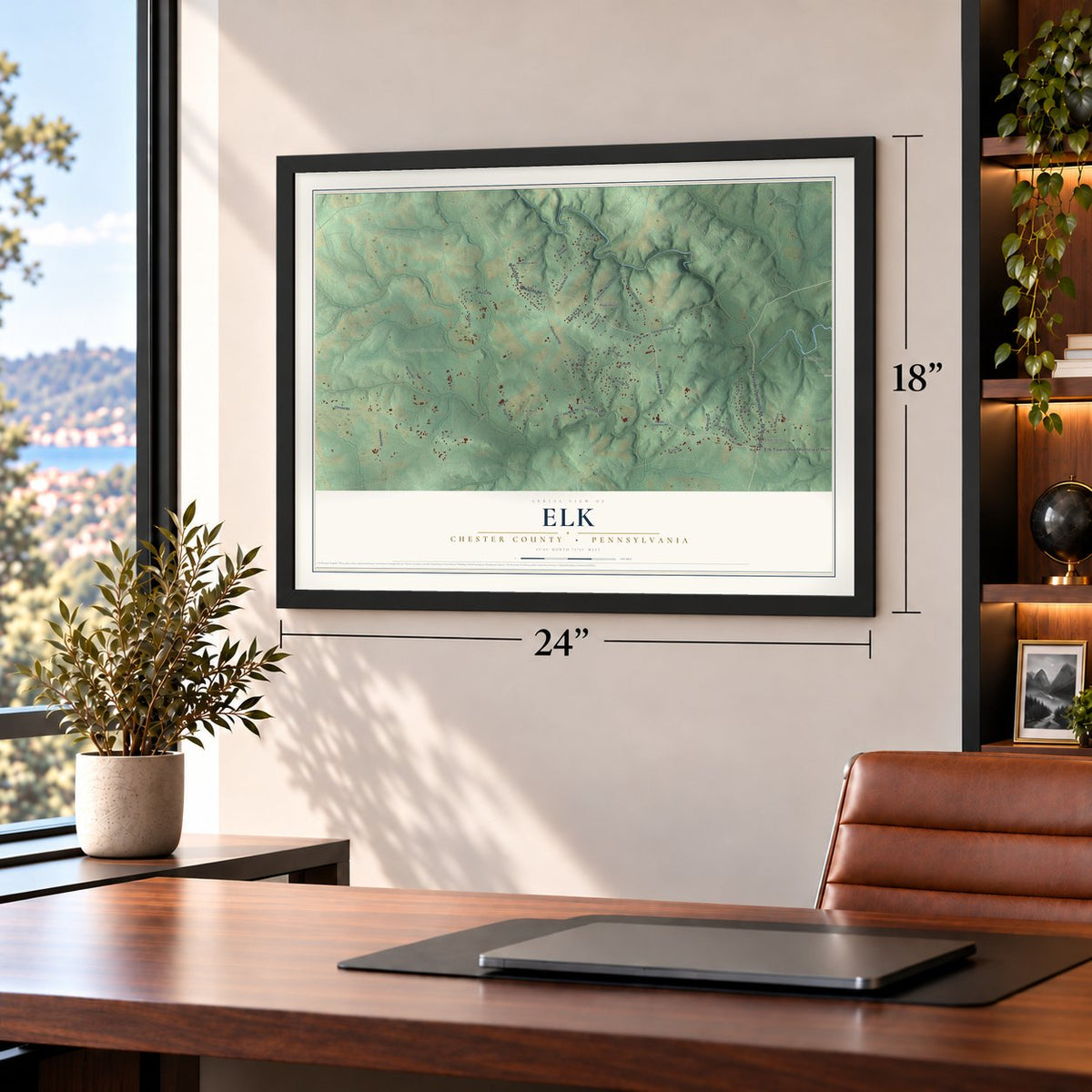 Elk, Chester County, Pennsylvania map, 18 x 24 inch print in a black frame in a home office