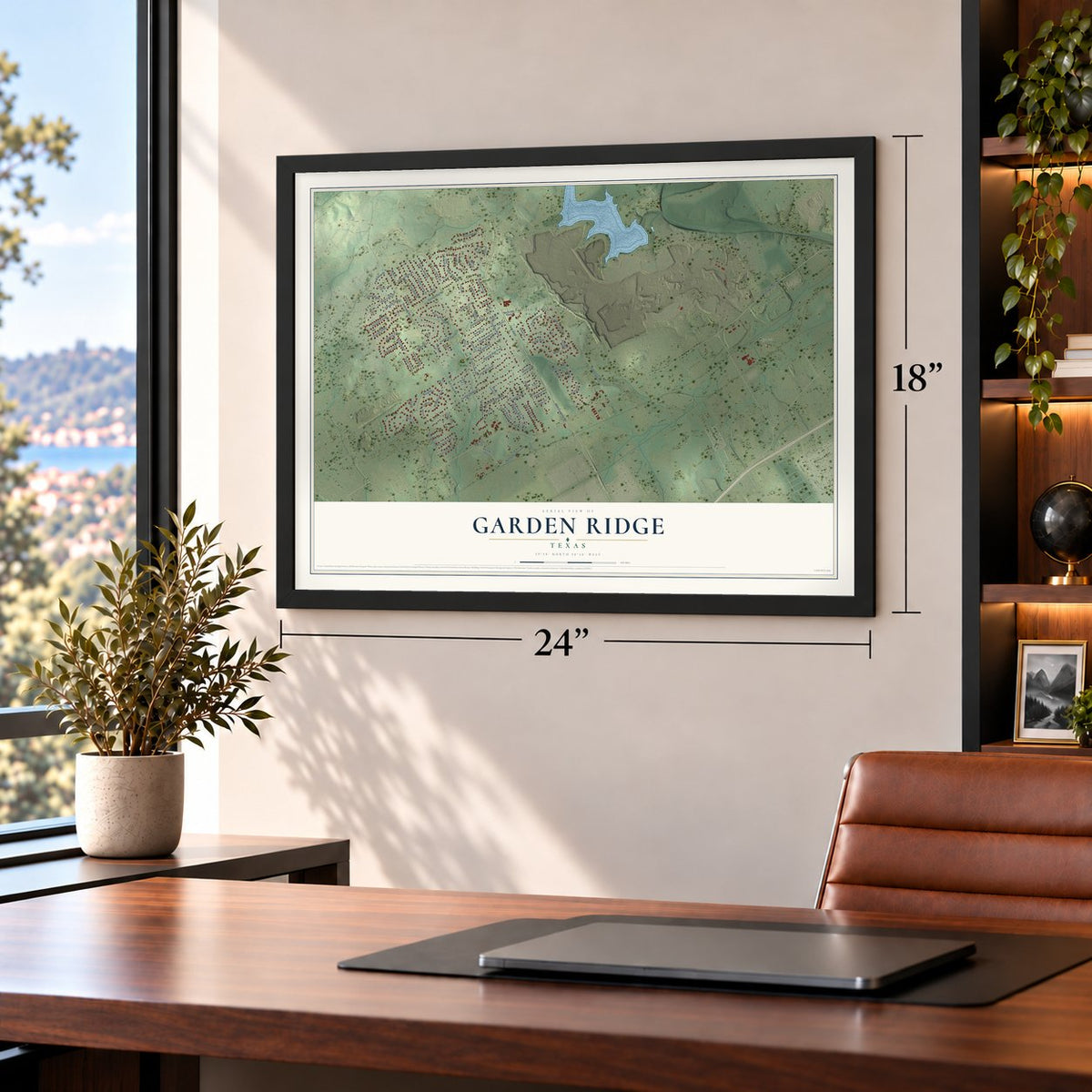 Garden Ridge, Texas map, 18 x 24 inch print in a black frame in a home office