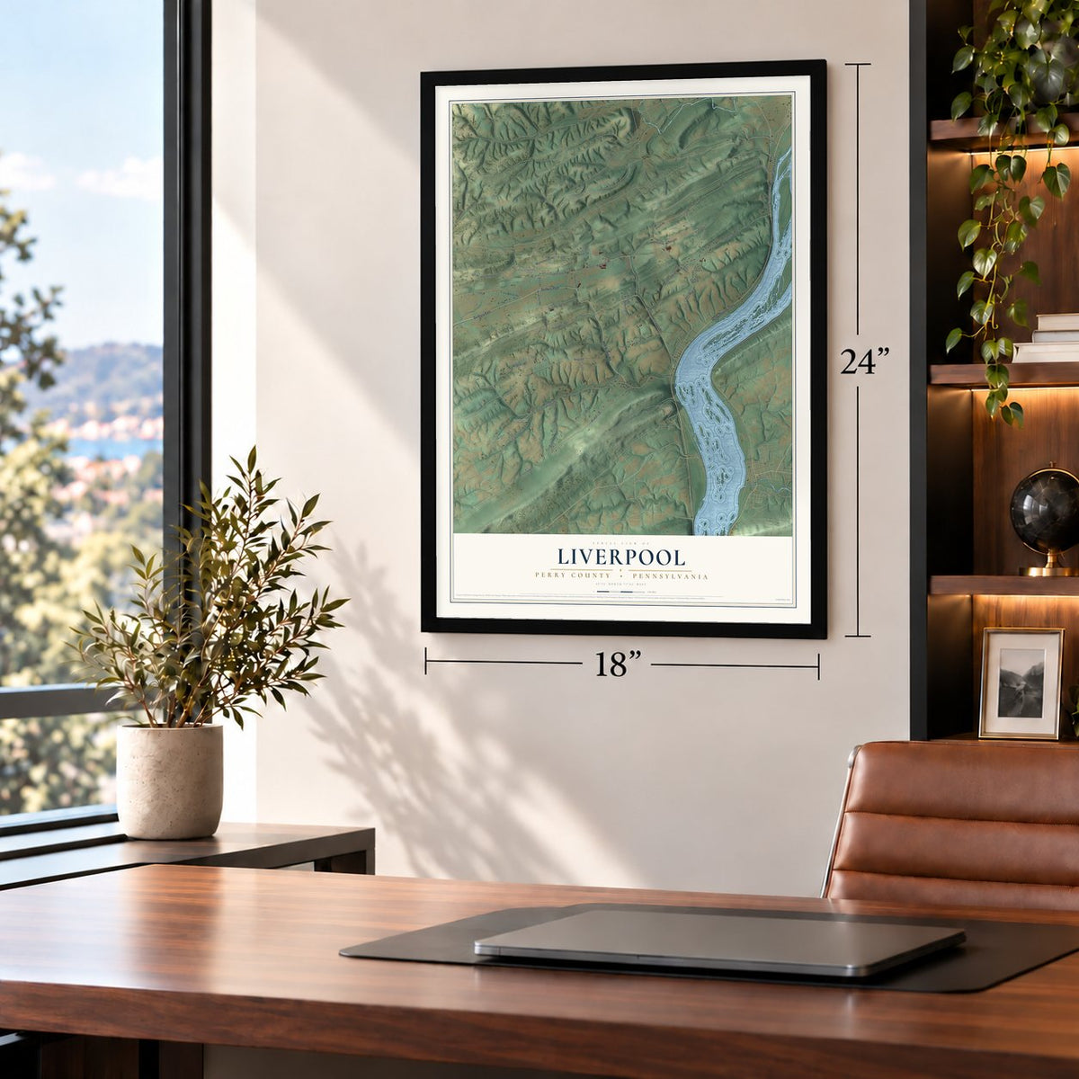 Liverpool, Perry County, Pennsylvania map, 18 x 24 inch print in a black frame in a home office