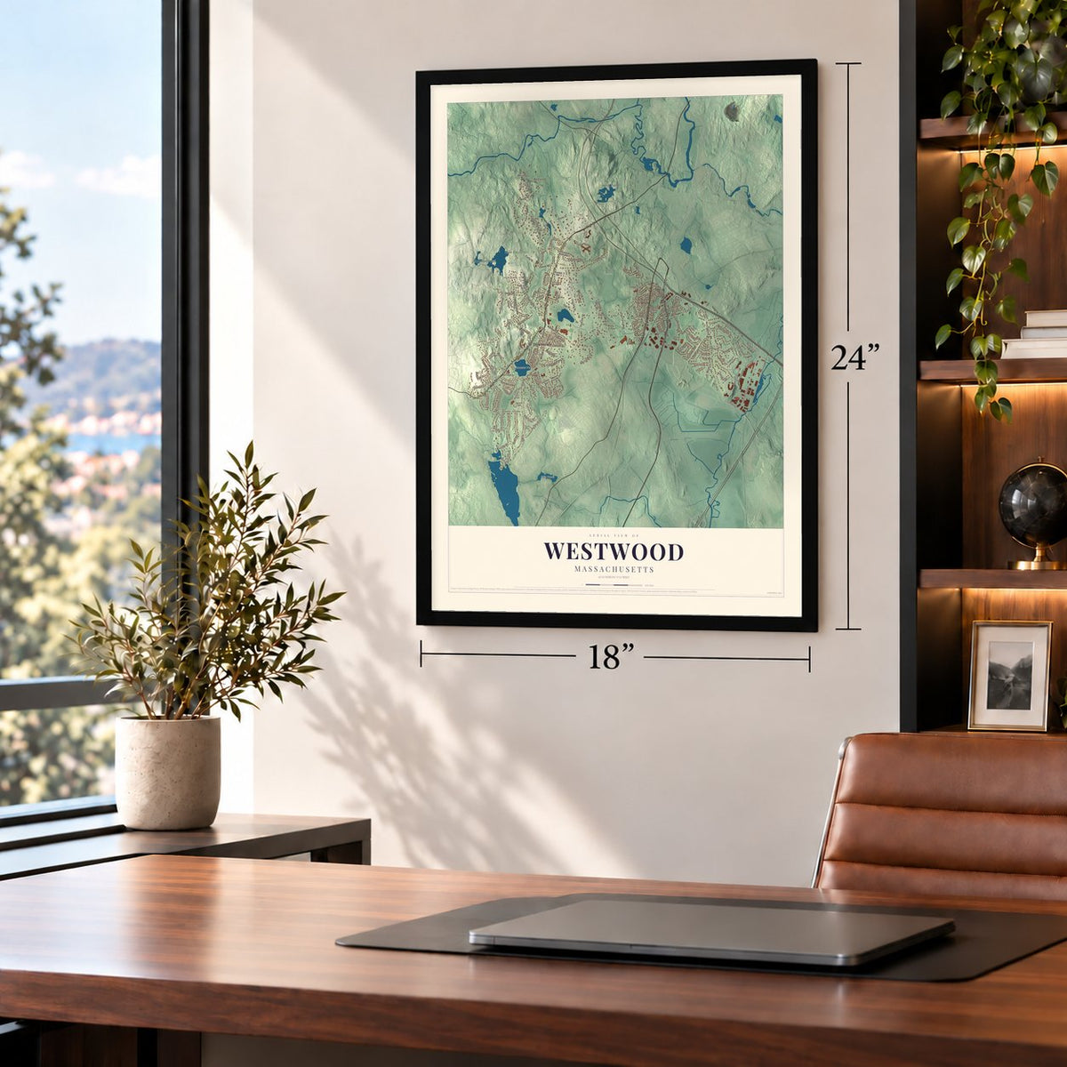 Westwood, Massachusetts map, 18 x 24 inch print in a black frame in a home office