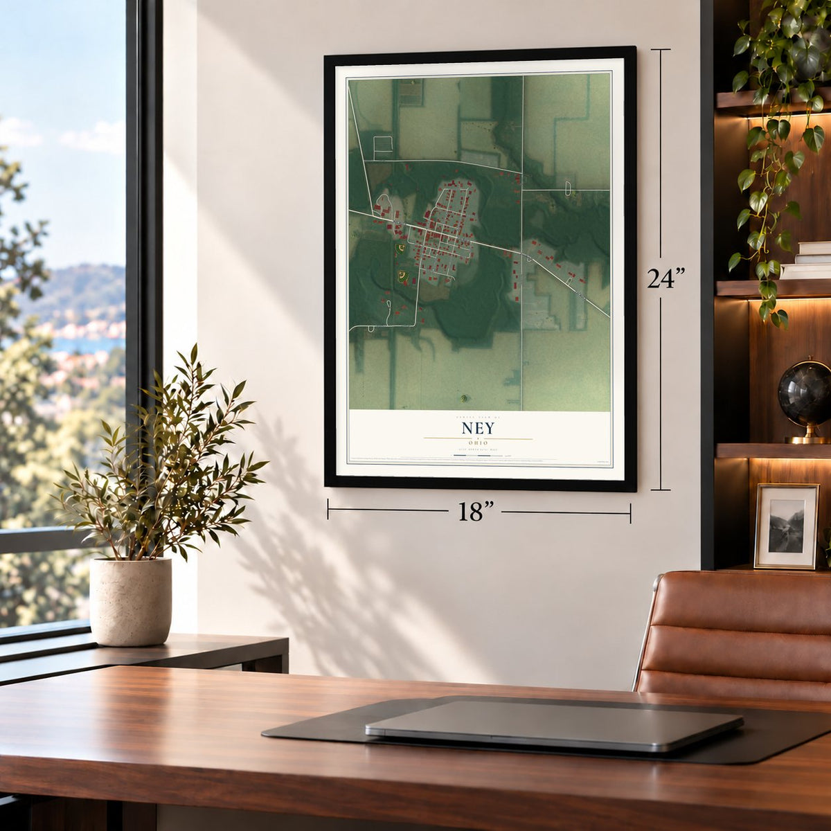 Ney, Ohio map, 18 x 24 inch print in a black frame in a home office