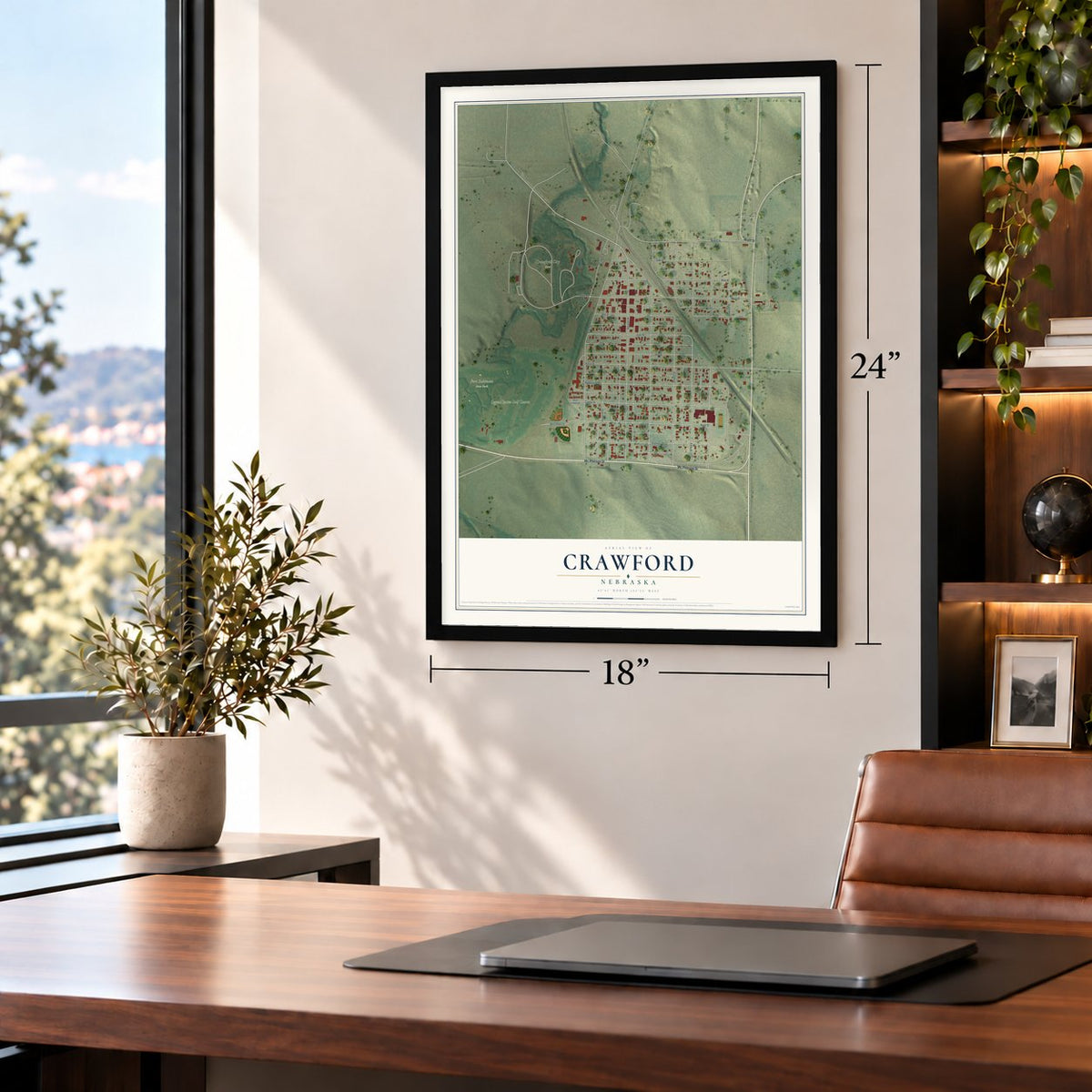 Crawford, Nebraska map, 18 x 24 inch print in a black frame in a home office