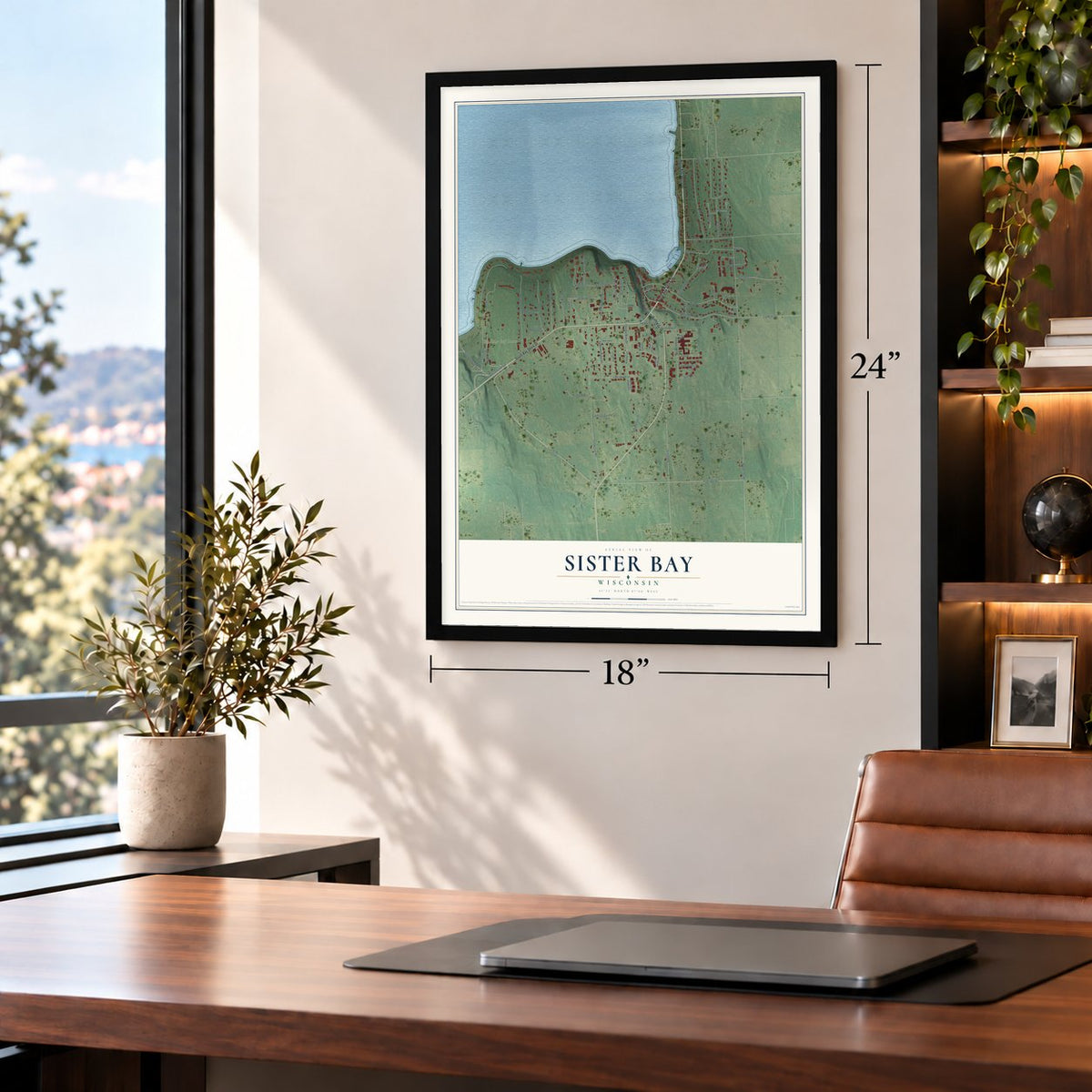 Sister Bay, Wisconsin map, 18 x 24 inch print in a black frame in a home office