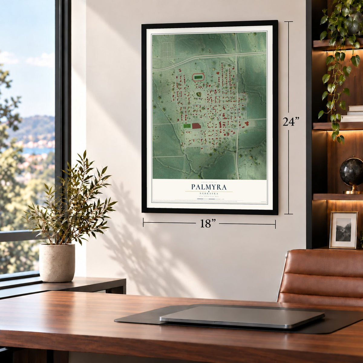 Palmyra, Nebraska map, 18 x 24 inch print in a black frame in a home office