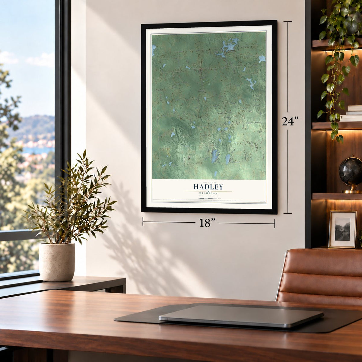 Hadley, Michigan map, 18 x 24 inch print in a black frame in a home office