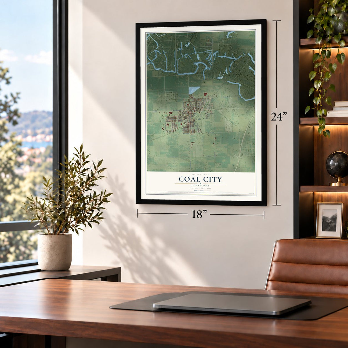 Coal City, Illinois map, 18 x 24 inch print in a black frame in a home office