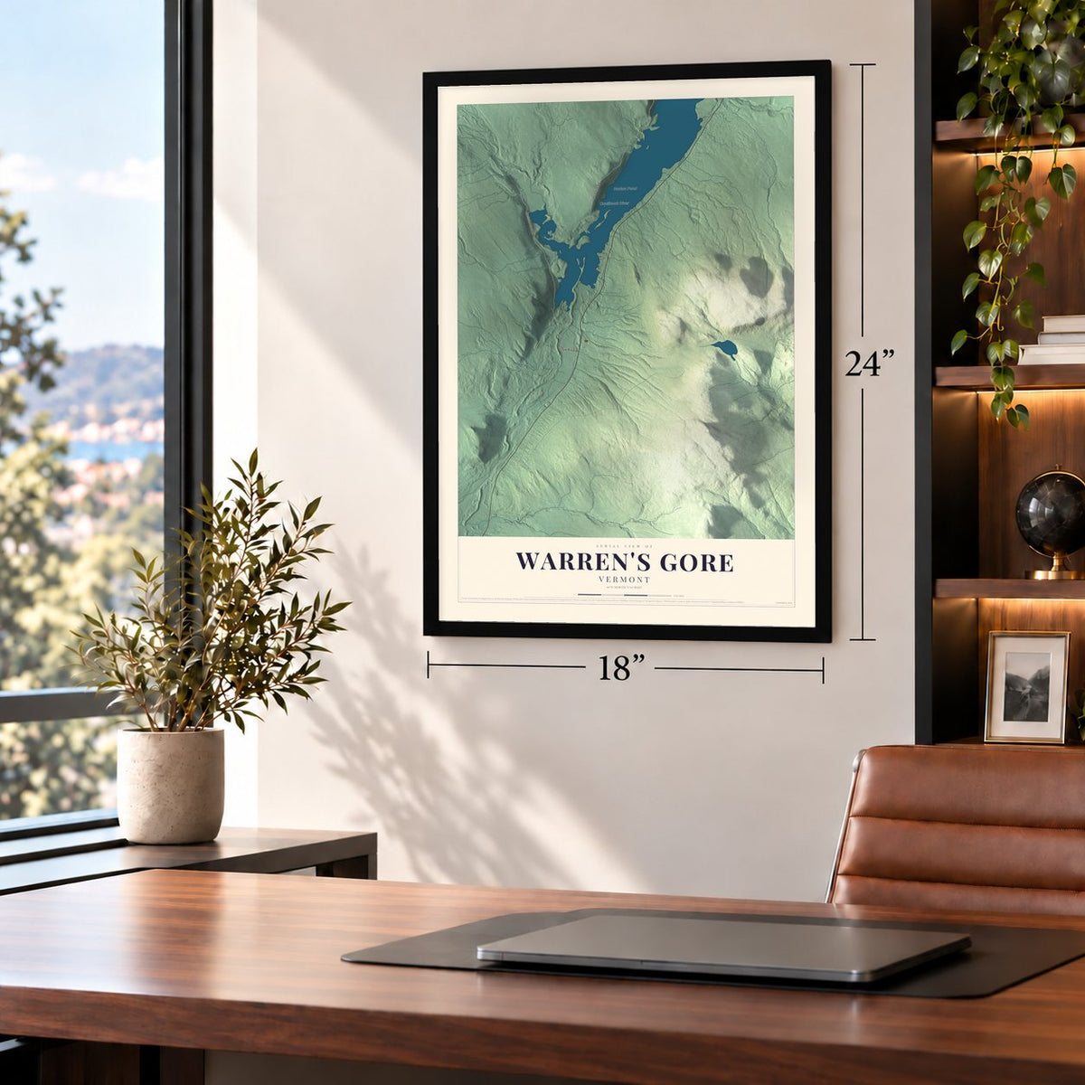 Warren's Gore, Vermont map, 18 x 24 inch print in a black frame in a home office