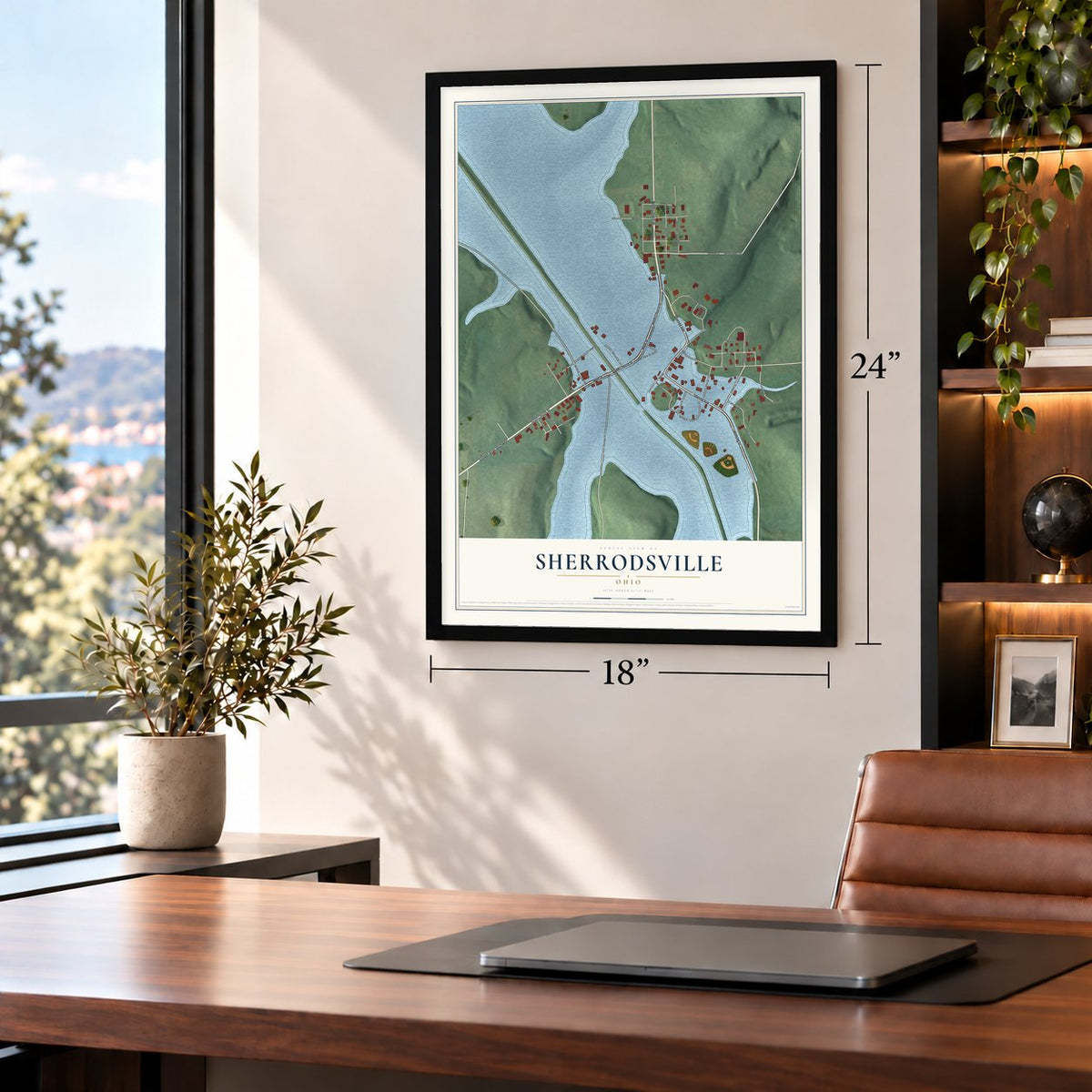 Sherrodsville, Ohio map, 18 x 24 inch print in a black frame in a home office
