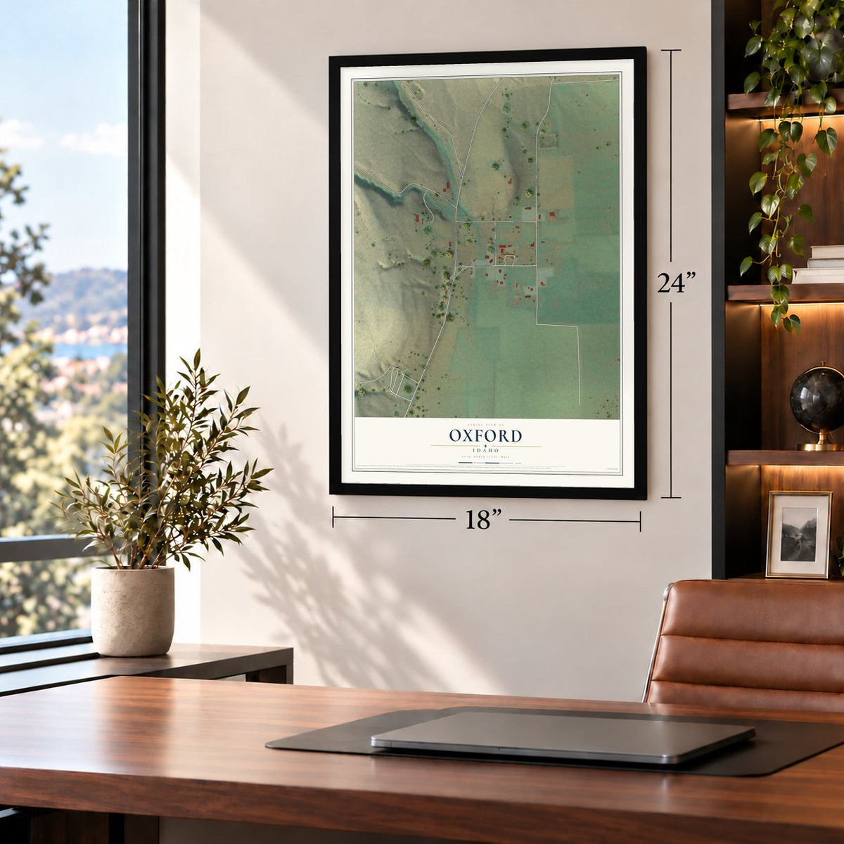 Oxford, Idaho map, 18 x 24 inch print in a black frame in a home office