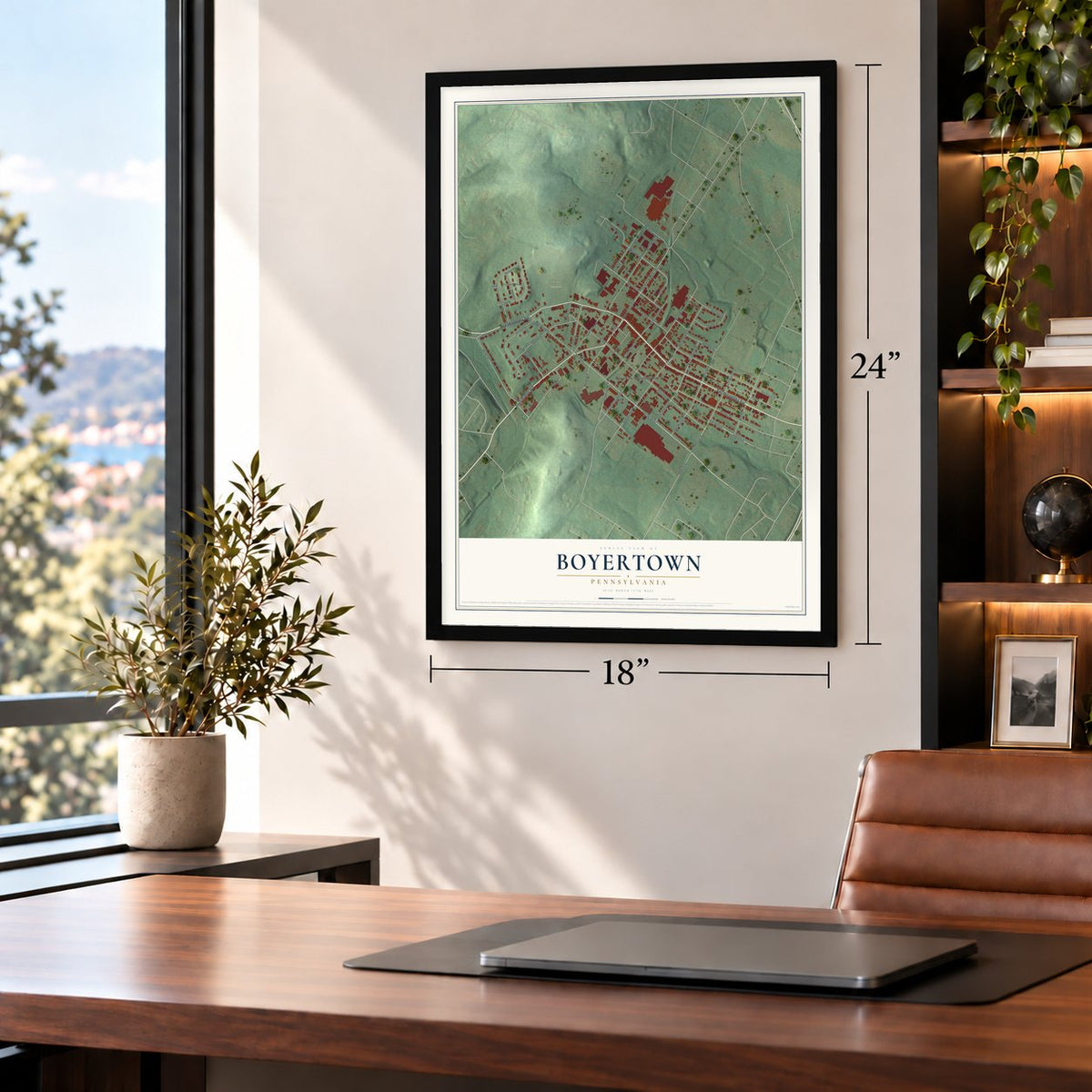 Boyertown, Pennsylvania map, 18 x 24 inch print in a black frame in a home office