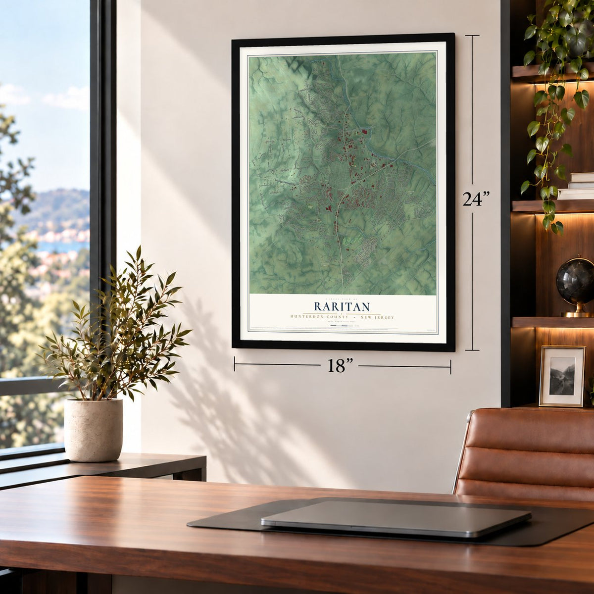 Raritan, Hunterdon County, New Jersey map, 18 x 24 inch print in a black frame in a home office