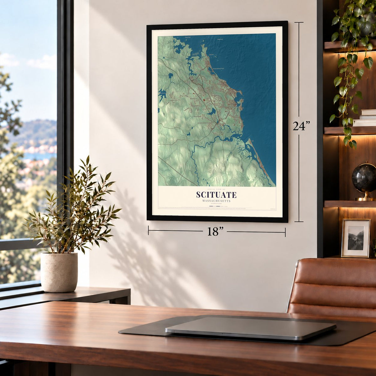 Scituate, Massachusetts map, 18 x 24 inch print in a black frame in a home office