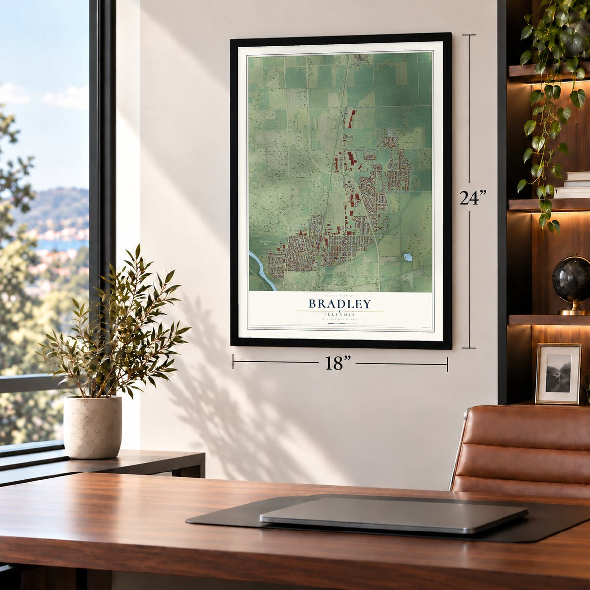 Bradley, Illinois map, 18 x 24 inch print in a black frame in a home office