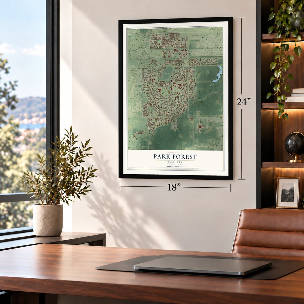 Park Forest, Illinois map, 18 x 24 inch print in a black frame in a home office