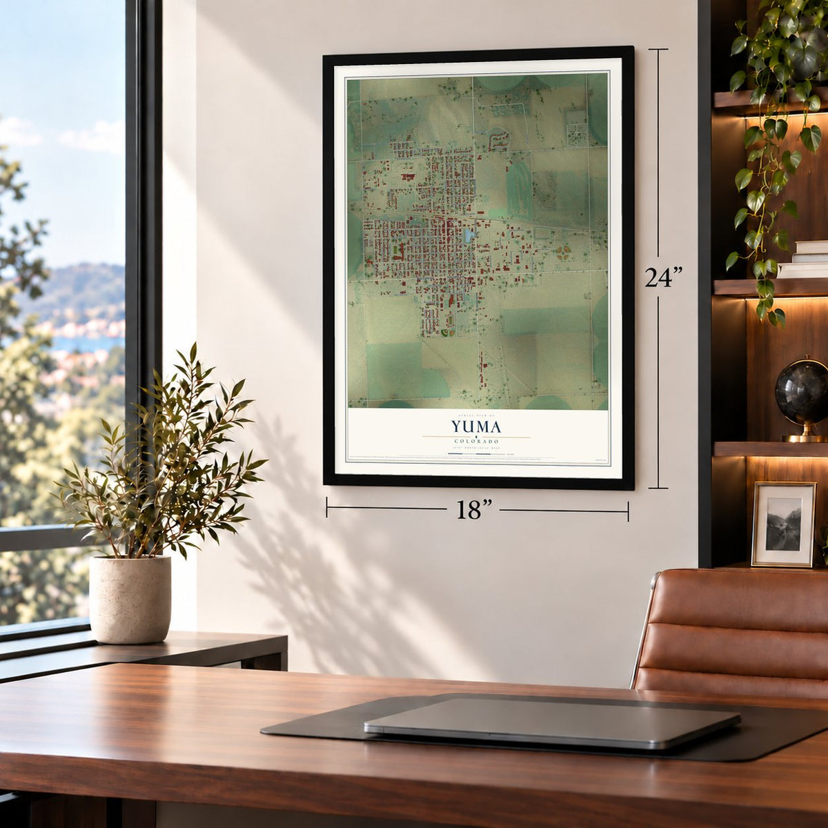 Yuma, Colorado map, 18 x 24 inch print in a black frame in a home office