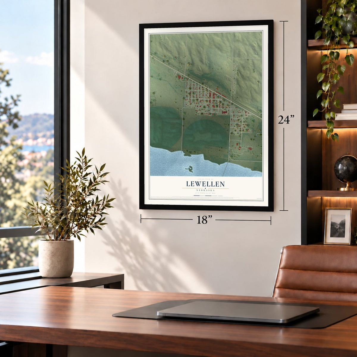 Lewellen, Nebraska map, 18 x 24 inch print in a black frame in a home office
