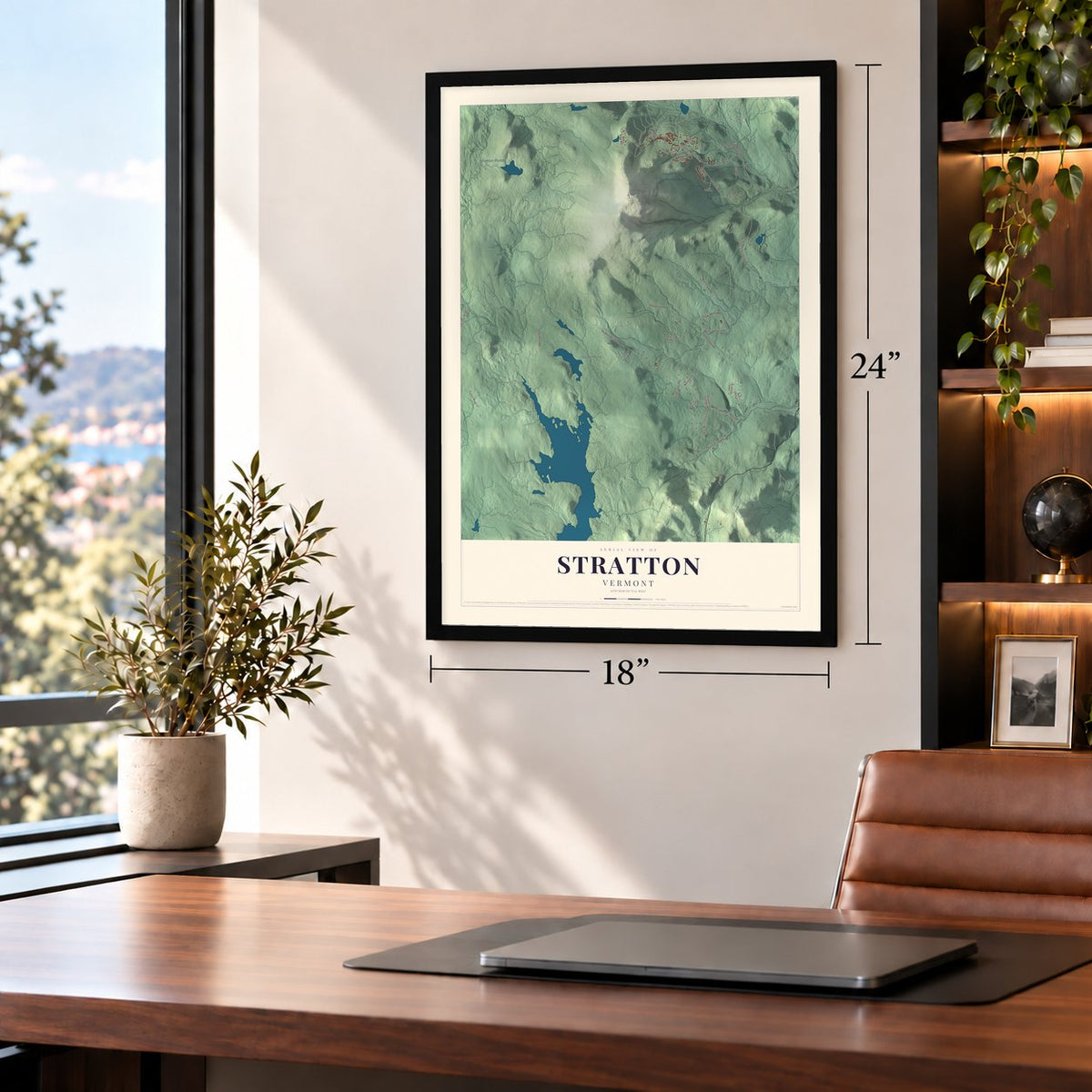Stratton, Vermont map, 18 x 24 inch print in a black frame in a home office