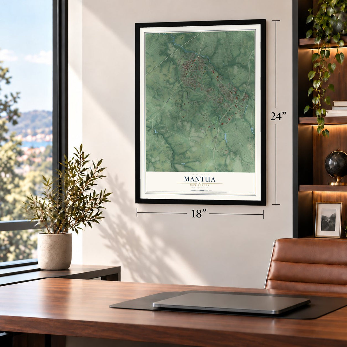 Mantua, New Jersey map, 18 x 24 inch print in a black frame in a home office
