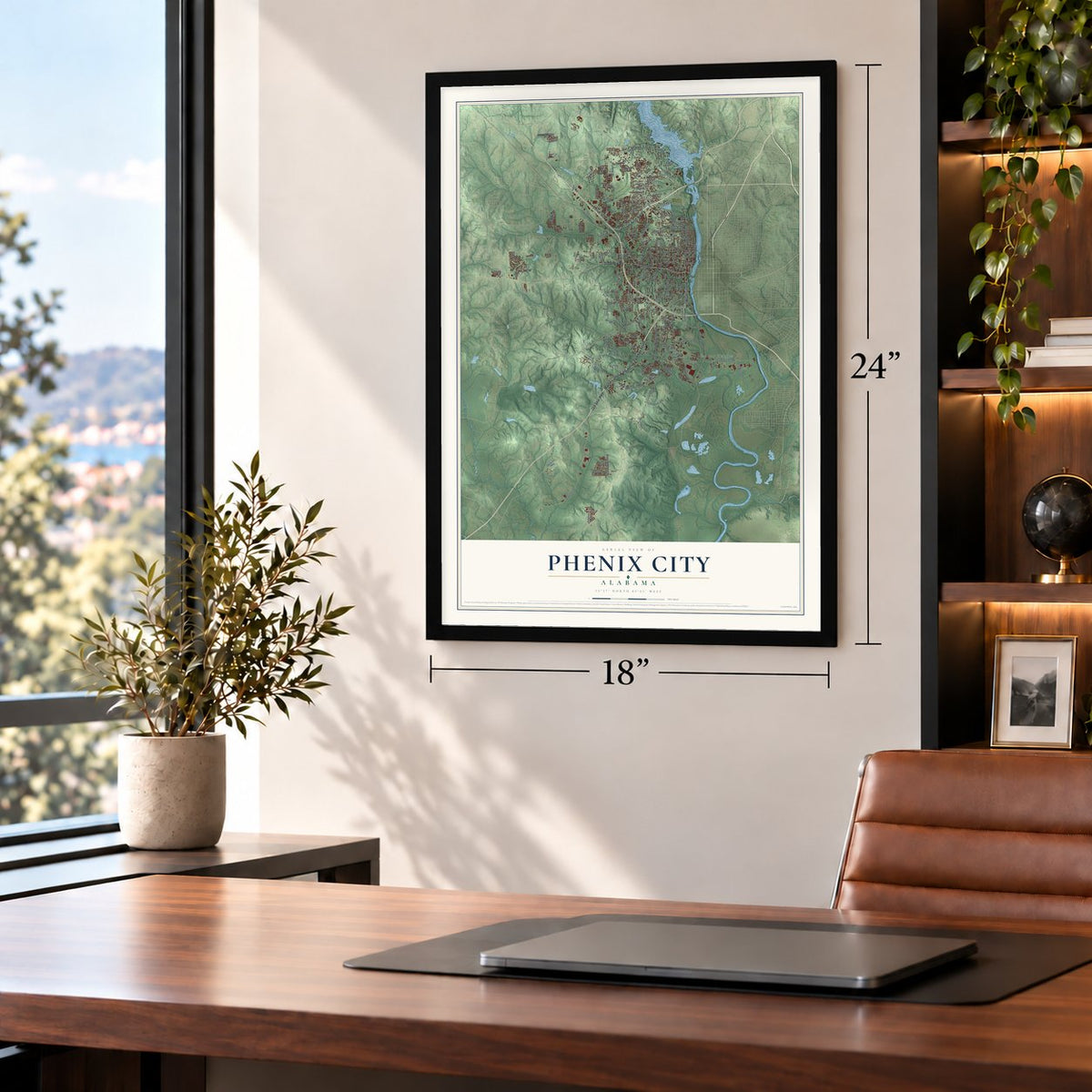 Phenix City, Alabama map, 18 x 24 inch print in a black frame in a home office